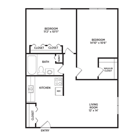 2 bedroom apartment floor plan at Oakridge Apartments in East Lansing near Michigan State University